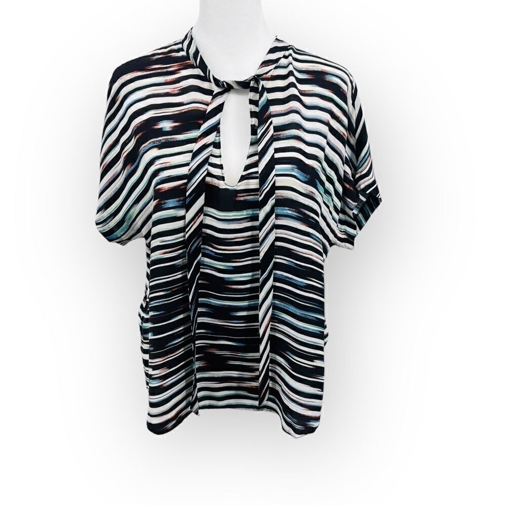 TOWNSEN Striped Tie-Neck Short Sleeve Silk Blend Top Women’s Size M